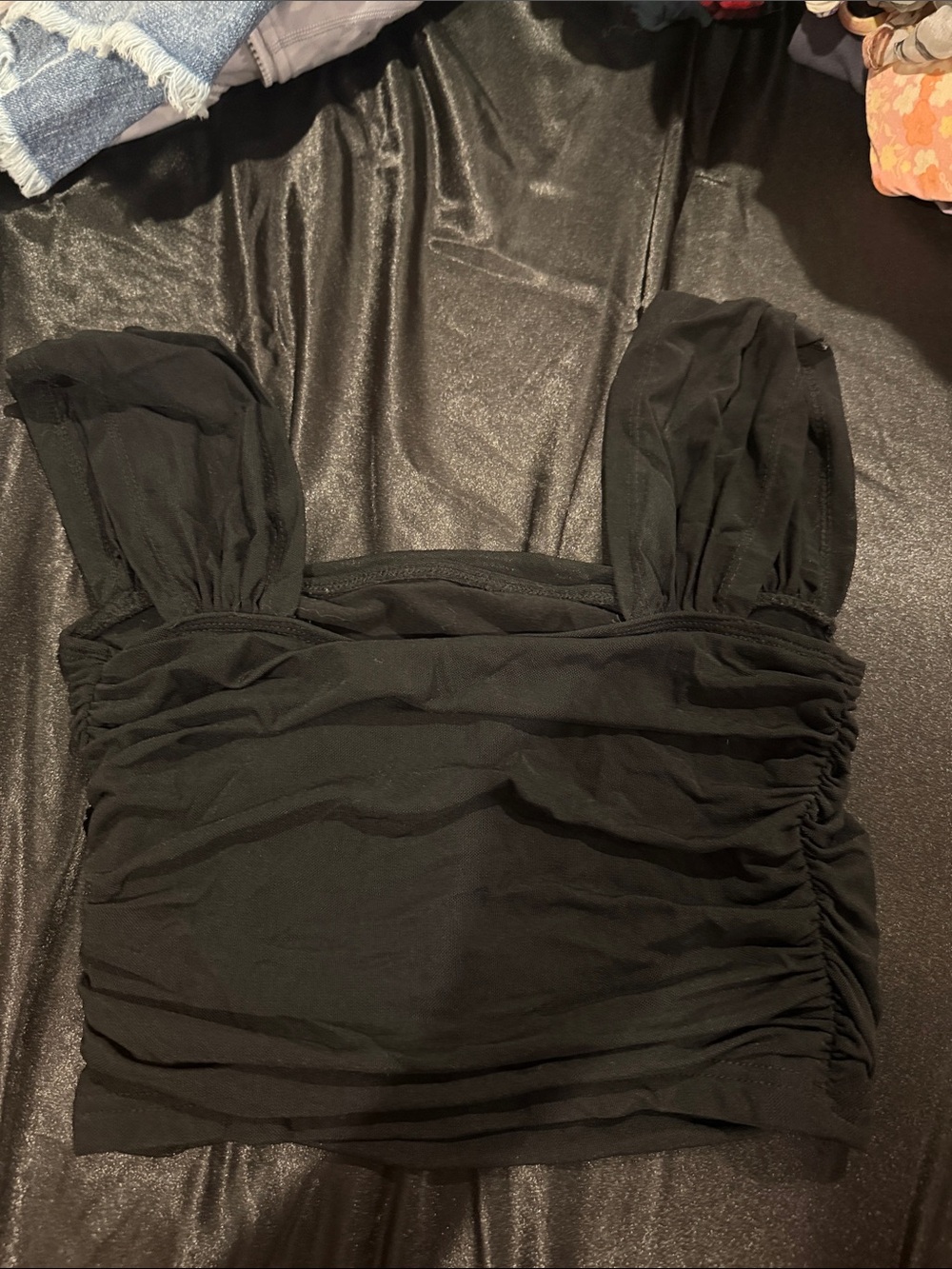 Black Ruched Square-Neck Crop Top with Sheer Straps